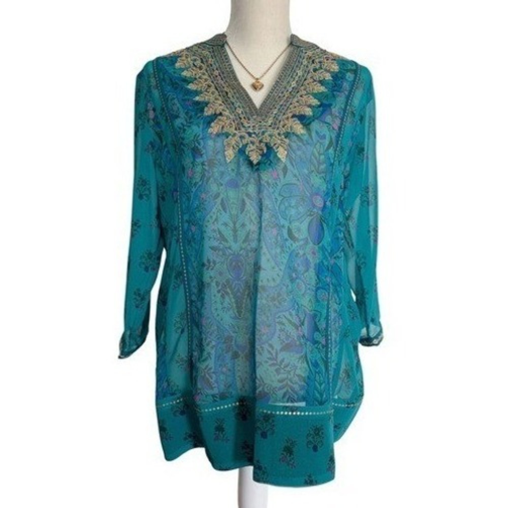 Soft Surroundings M/L Teal Beaded Embroidered Tunic Boho Artsy Resort Blouse
